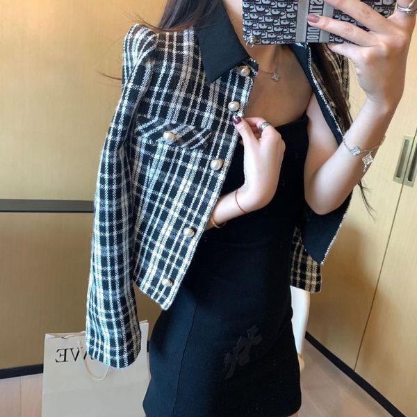 

women's jackets black and white plaid collar pearl buckle shirt coat, Black;brown