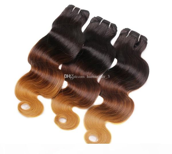 

8a honey blonde ombre hair extensions three tone brown blonde 1b 4 27 ombre indian body wave virgin human hair weave bundles 3pcs, Black;brown