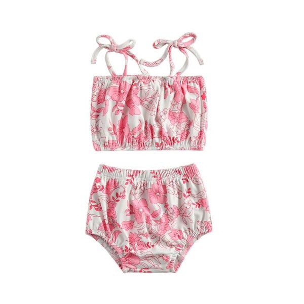 

clothing sets toddler baby flower printing two-pieces set infant girl's sleeveless sling + high waist short pants, White