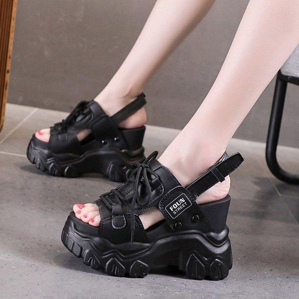 

sandals platform women 2021 summer chunky high heels female wedges shoes for fish toe red sandalia feminina, Black