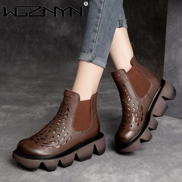 

sandals national style thick soled women retro leather short boot female muffin waterproof platform hollow out high footwear, Black