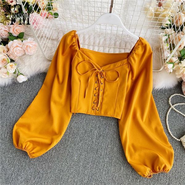 

yornmona ins fashion bandage crop women spring autumn long sleeve blouse shirts streetwear short ladies blusas, White