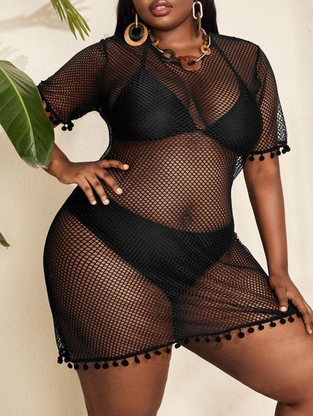 

sxy plus mesh pom-pom hem cover up x8y3#, Black
