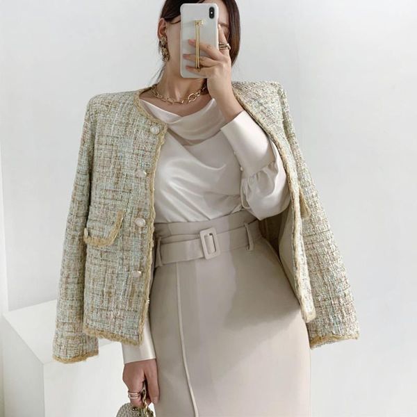 

autumn winter tweed long sleeve coat vintage korean style single breasted ladies jackets elegant casaco femme cardigan, Black;brown