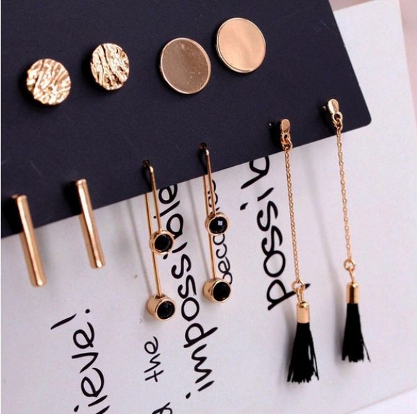 

charms earrings ear stud disc vertical bar drill tassel five pair thread set, Golden