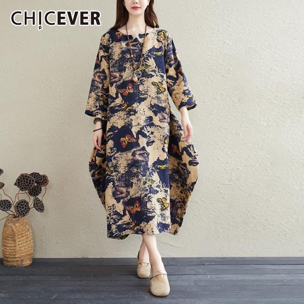 

casual dresses chicever vintage print dress for women o neck three quarter sleeve hit color loose oversize mid straight female 2021, Black;gray