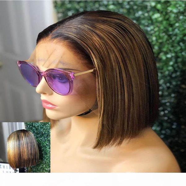 

straight 4x4 13x4 lace front wig honey blonde ombre human hair wigs short blunt cut bob wig remy highlight 130 density atina, Black;brown
