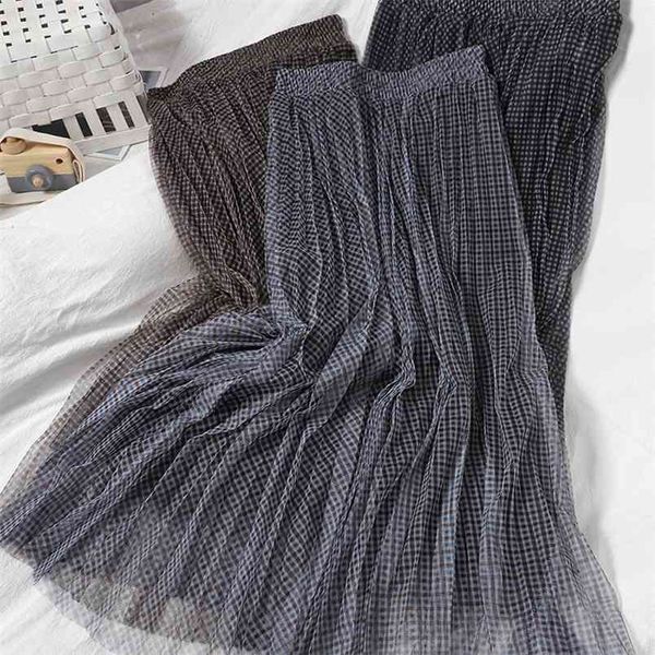 

spring elastic high waist slim net gauze skirt simple plaid all-match casual women a-line pleated 210527, Black