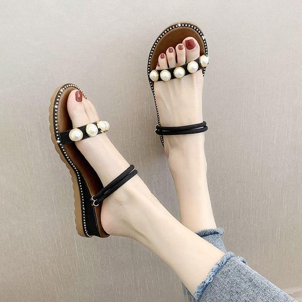 

wedges string bead band sandals women fresh sandales summer beach shoes woman slippers slip on two ways gladiator sandalias 2021, Black