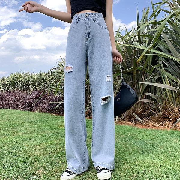 

women's jeans fashion straight woman summer 2021 casual streetwear ripped for women loose high waist wide leg pants pockets, Blue