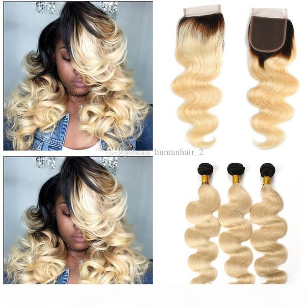 

two tone blonde ombre human hair bundle with lace closure blonde 1b 613 brazilian hair with 4x4 closure body wave hair weave, Black;brown