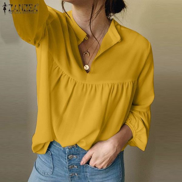 

2021 new zanzea solid o neck blusa office lady sleeve casual work button ruffle shirt oversize womens fashion korean blouse 5xl 042e, White;black