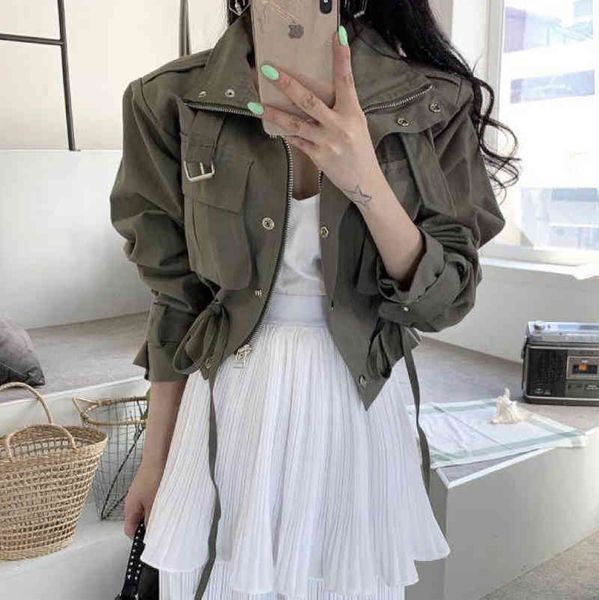 

women's jackets casual safari style army green women korean fashion drawstring short coats turn-down collar black zipper female jdu3, Black;brown