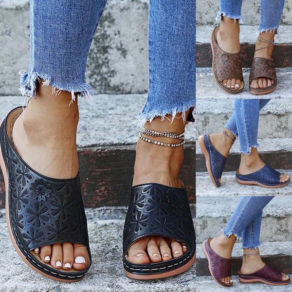 

women summer slip-on wedges beach open toe breathable sandals embroidery shoes summer flip-flops beach shoes female slippers, Black