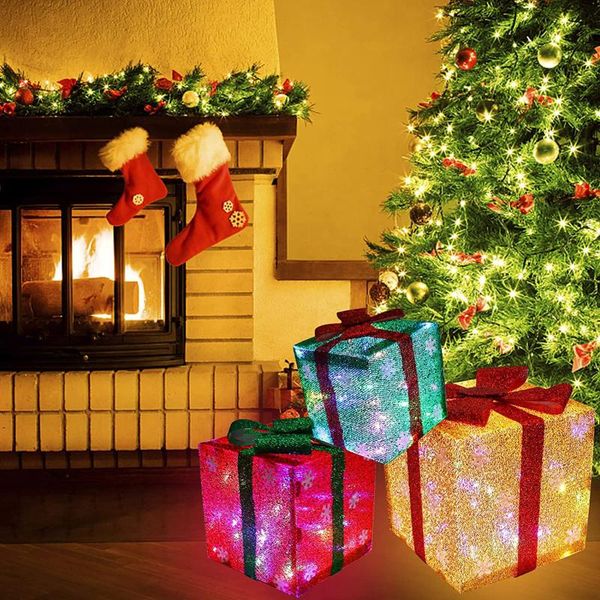 

gift wrap high-end frosted christmas box with light delicate tree ornaments decorations for party festival