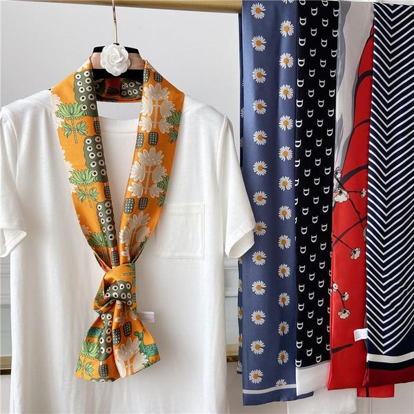 

scarves spring autumn small decoration women silk neck thin fashion printing chic korean versatile satin long scarf party, Blue;gray