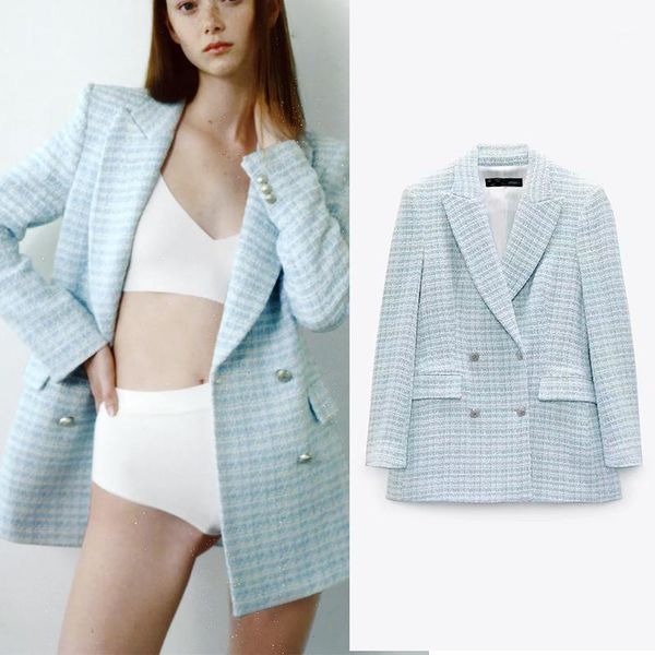 

women blazer jacket 2021 autumn notched plaid coat vintage long sleeve pockets female outerwear ol chic women's suits & blazers, White;black