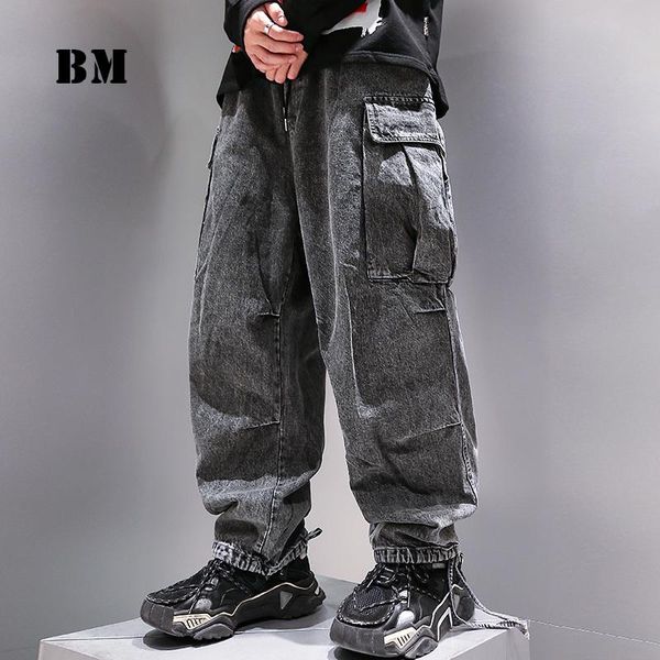 

japanese streetwear hip hop distressed jeans for men's clothing korean fashion casual trousers denim cargo pants, Blue