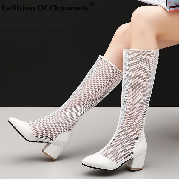 

boots fashion thick medium heels black white net for women ladies large size 45 zip motorcycle knee high woman mesh shoes