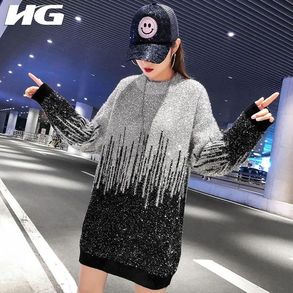 

women's sweaters [hg] 2021 spring europe fashion o-neck full sleeve casual female patchwork long pullover loose knitted sweater wbb2254, White;black
