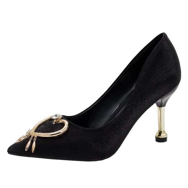 

dress shoes 2021 women's concise metal button pointed shallow mouth office autumn toe women pumps fashion high heels, Black