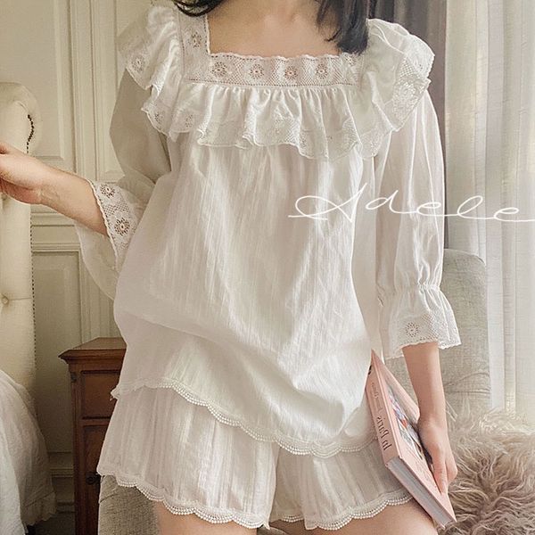 

Summer Womens Ins Style Home Sleepwear Suit Short Sleeve Princess Pajama Sets Vintage Lady Girls Square Neck Lace Pyjamas Set, White