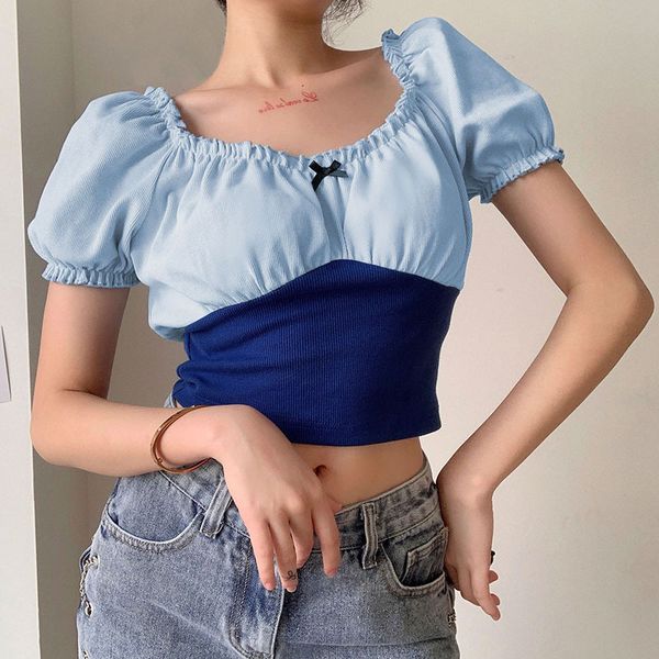 

summer style fashion t-shirt 2020 cute short sleeve elastic neckline patchwork knitted bodycon high street women t-shirt, White;black