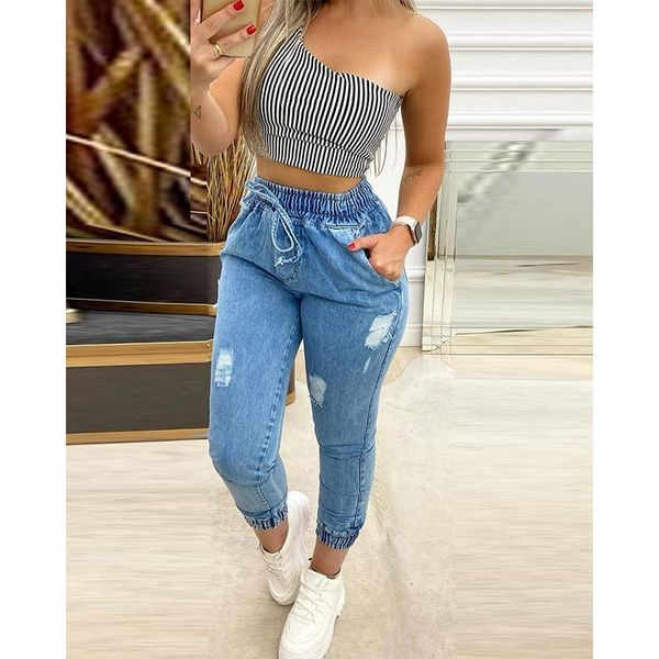 

women's jeans denim 2021 summer stretch blue casual high tail pants