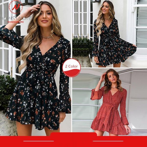 

casual dresses bohemian women spring autumn a-line dress bandage design ruffles decor v-neck long sleeve high waist print slim mini, Black;gray