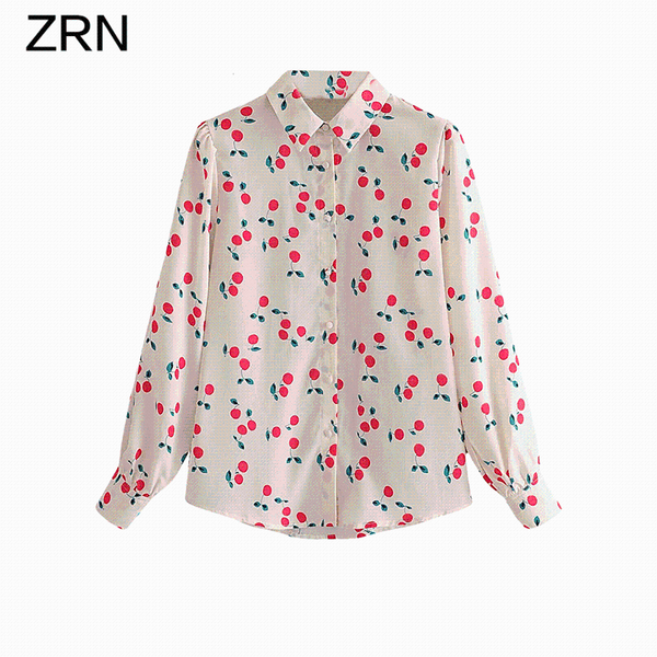

women's blouses & shirts zrn women 2021 autumn fashion cherry print blouse vintage long sleeve button-up ladies shirt chic blusas, White