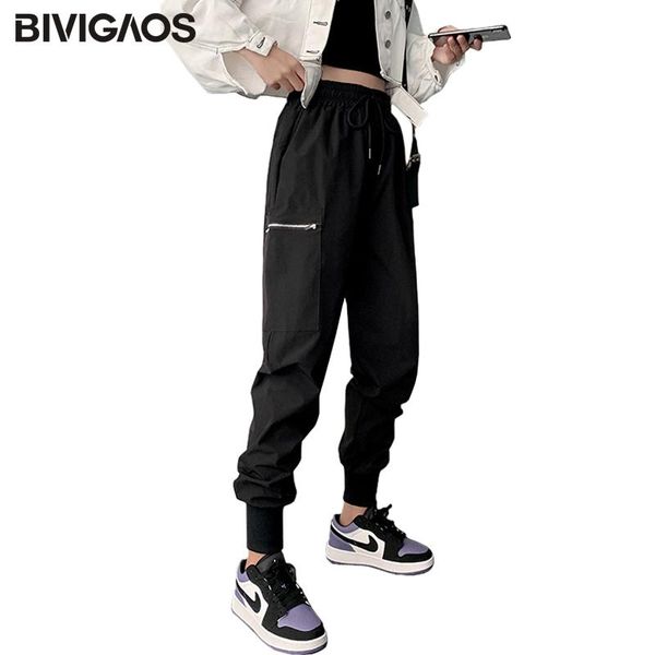 

women's pants & capris bivigaos 2021 autumn fashion casual cargo loose zipper black overalls sports hip hop jogger spring, Black;white