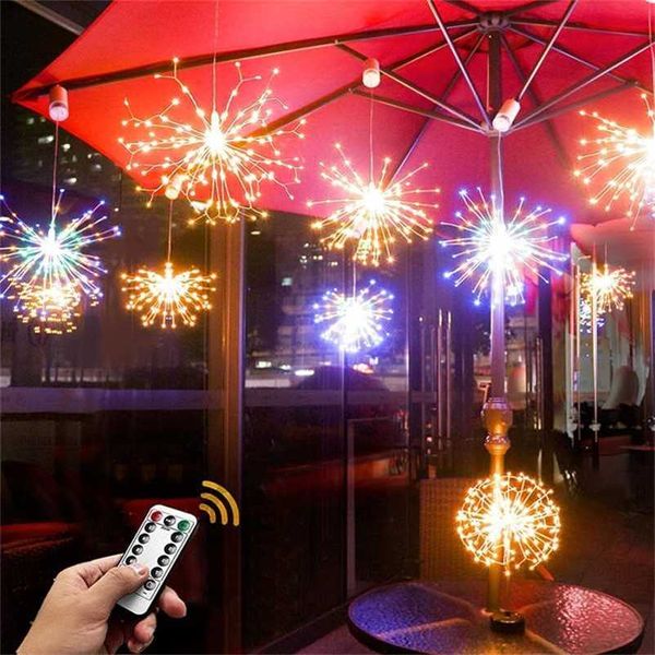 Luzes de fogo de artifício LED Fada Luz de Cobre Fio Starburst Starburst Luzes 8 modos Bateria operada com decoração de Natal de casamento remoto 211122