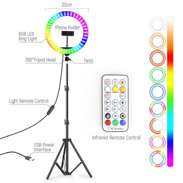 

flash heads 10inch 26cm rgb colorful led ring light with tripod stand rainbow ringlight lamp phone clip for tiktok youtube live