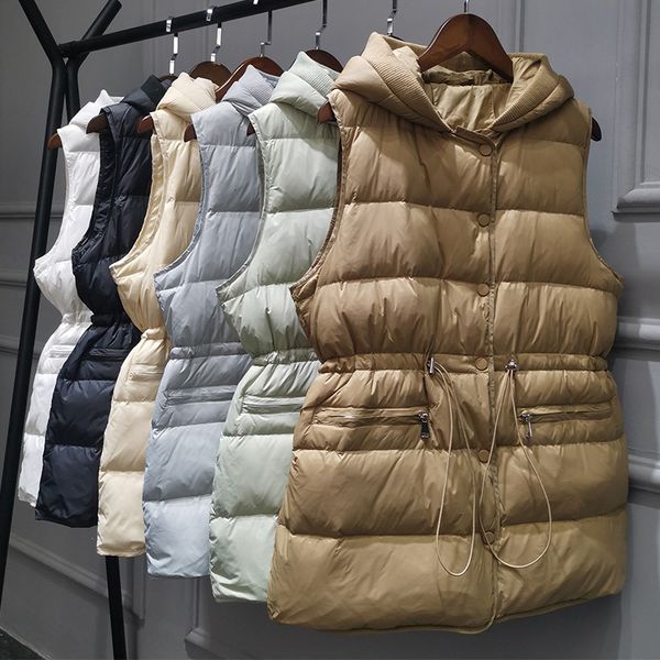 

2021 et waistcoat women's medium length light hooded korean version with slim waist and large white duck down vt, Black;white