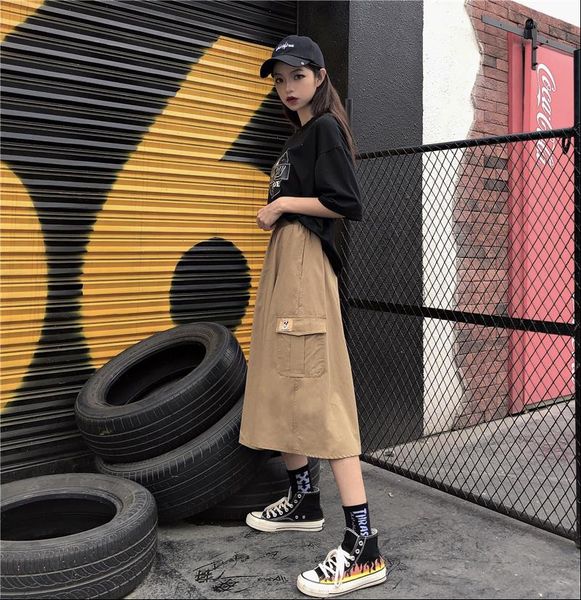 

autumn skirt children cool hip hop port style a word high waist workmanship half length skirt girl ins super fire, Black