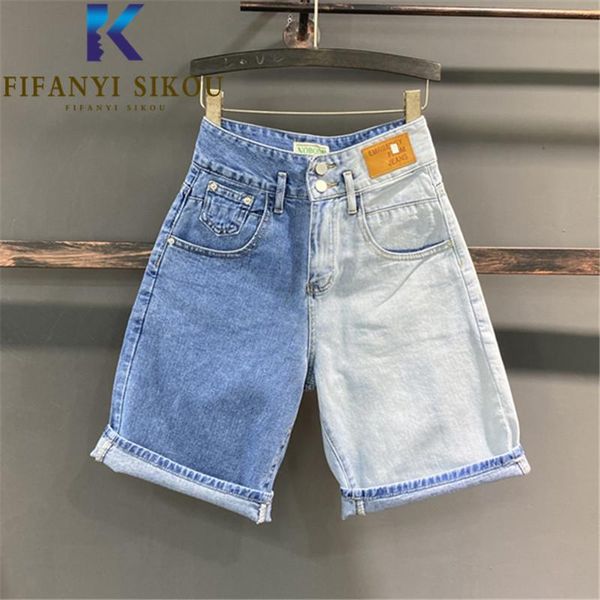 

women's shorts fashion patchwork denim women summer loose casual high waist knee length jeans spliced wide leg short pants female, White;black