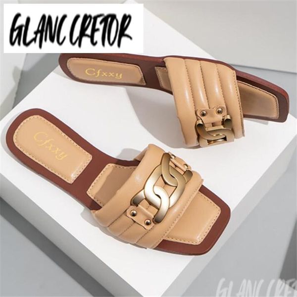 

slippers square head bare-toe leather slides sandals plus size 42 fashion flat heel women summer chain decoration, Black