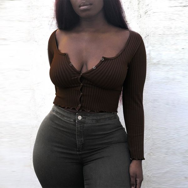 

button up ribbed knitted long sleeve crop cardigan solid casual fitted t shirts for women fall 2021 c85-bz14, White