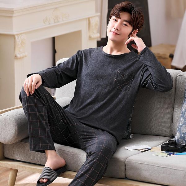 

men's sleepwear upper pocket boy man pullover long sleeve trousers pajama a set jammies o-neck home casual nightwear pyjamas 6535cotto, Black;brown