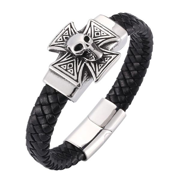 

charm bracelets punk skull cross men bracelet cuff genuine leather & bangels rock male jewelry gifts bb0276, Golden;silver