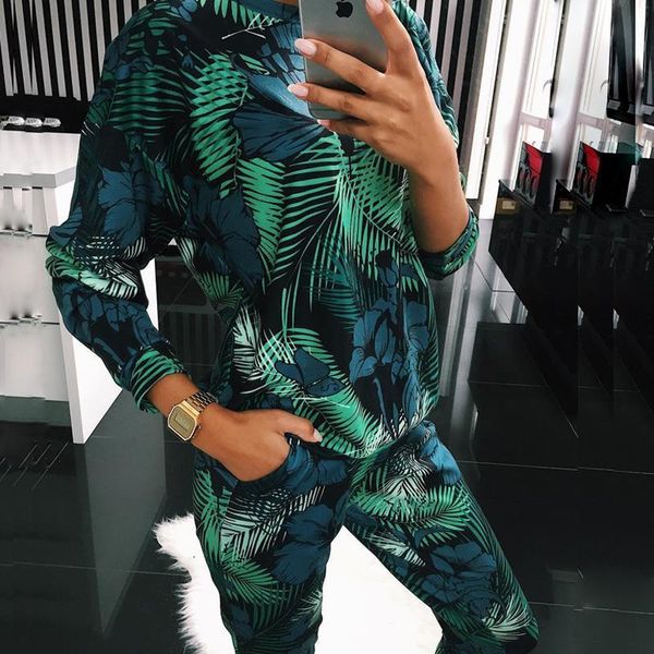 

2021 spring floral print tracksuit set women autumn animals plant print two piece sets long sleeve hoodies sweatshirt 2pcs sets, Gray