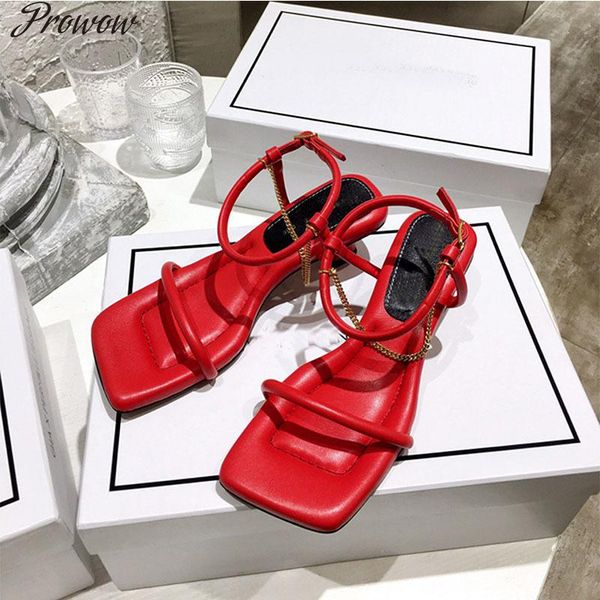 

prowow new kitten heel ankle chain sandals open square toe white leather shoes summer soft leather comfort sandals gold, Black