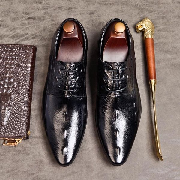 

fashion genuine leather dress shoes lace up pointed toe crocodile pattern formal business office wedding footwear for men a78, Black