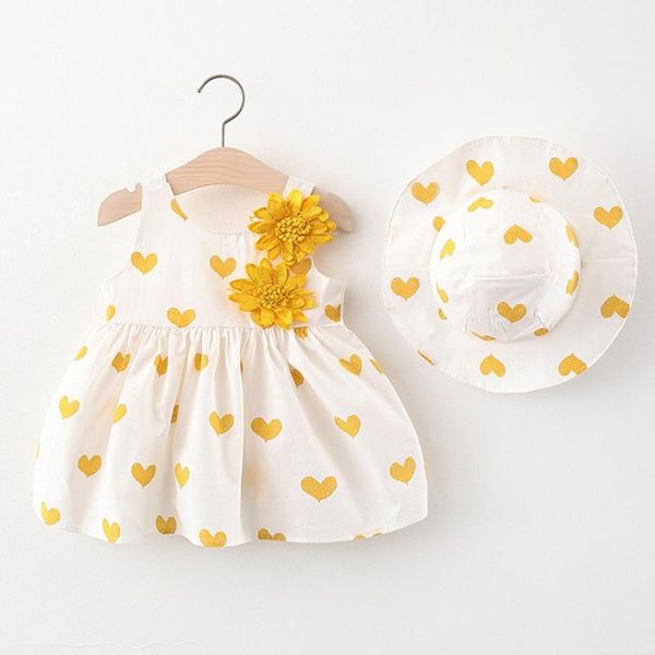 

clothing sets 2021 baby girls party dresses summer casual beach bow flower print sundress kids princess dress+hat set outfit, White
