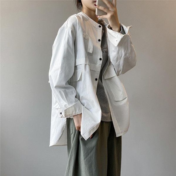 

simple thin section korean jacket coat female loose tooling casual stand-up retro women 2021 autumn new mujer chaqueta k1307, Black;brown