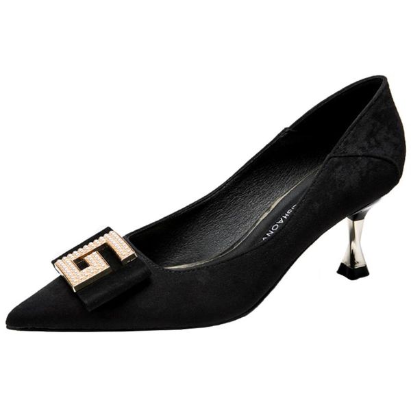 

dress shoes 2021 spring pointed suede fine heel square buckle daily commuting small size high work sheet women's, Black