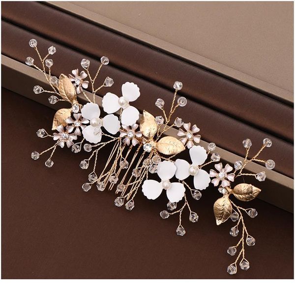 

trendy gold flower leaf crystal wedding hair comb tiara bridal hair accessories women wedding hair jewelry headpiece qyllem