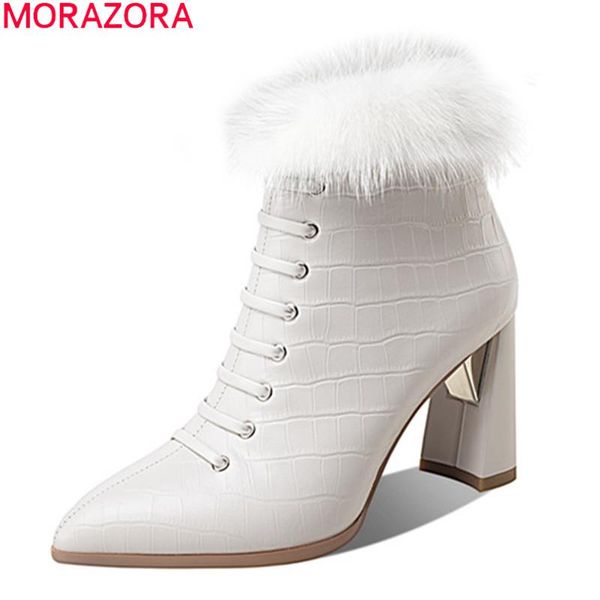

boots morazora 2021 genuine leather thick high heels pointed toe with fur ladies shoes winter keep warm ankle for woman, Black