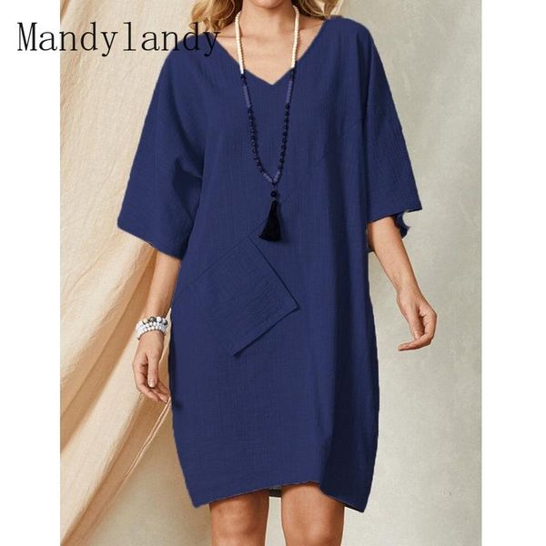 

casual dresses mandylandy dress summer fashion pocket pullover v-neck three quarter sleeve women's solid loose, Black;gray