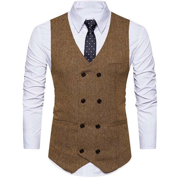 

men's vests brown men suit vest herringbone tweed double breasted slim fit formal business waistcoat for wedding groom man fashion clot, Black;white